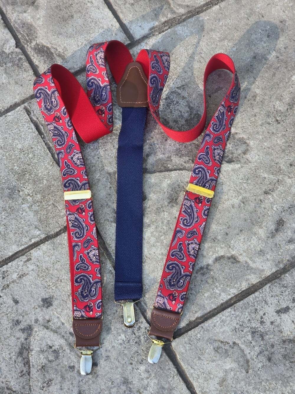 Pelican USA Men's Red Blue Paisley Clip Suspenders Gold Hardware Leather Trim
